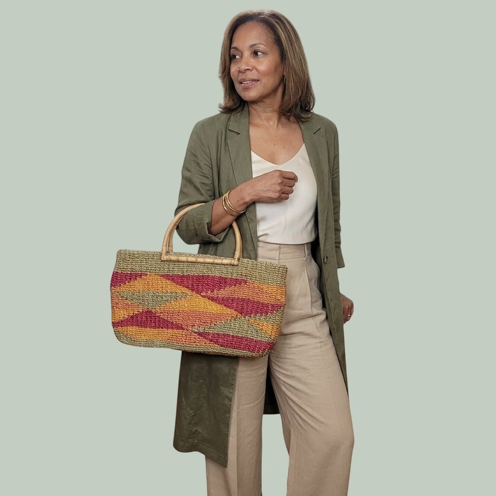 Womens Straw Tote Women Multicolor Woven Bamboo Handle Boho Bag Beach Art Summer
